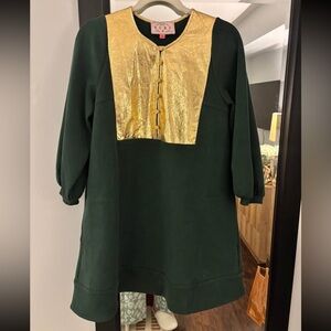 B.I.B.I. Green Long Sleeve Dress with Gold Bib Detail